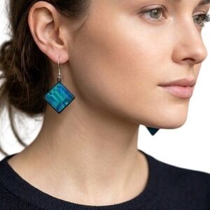 Laser AH Prismatic Teal Holographic Diamond Drop Earrings Made in England Retro‎